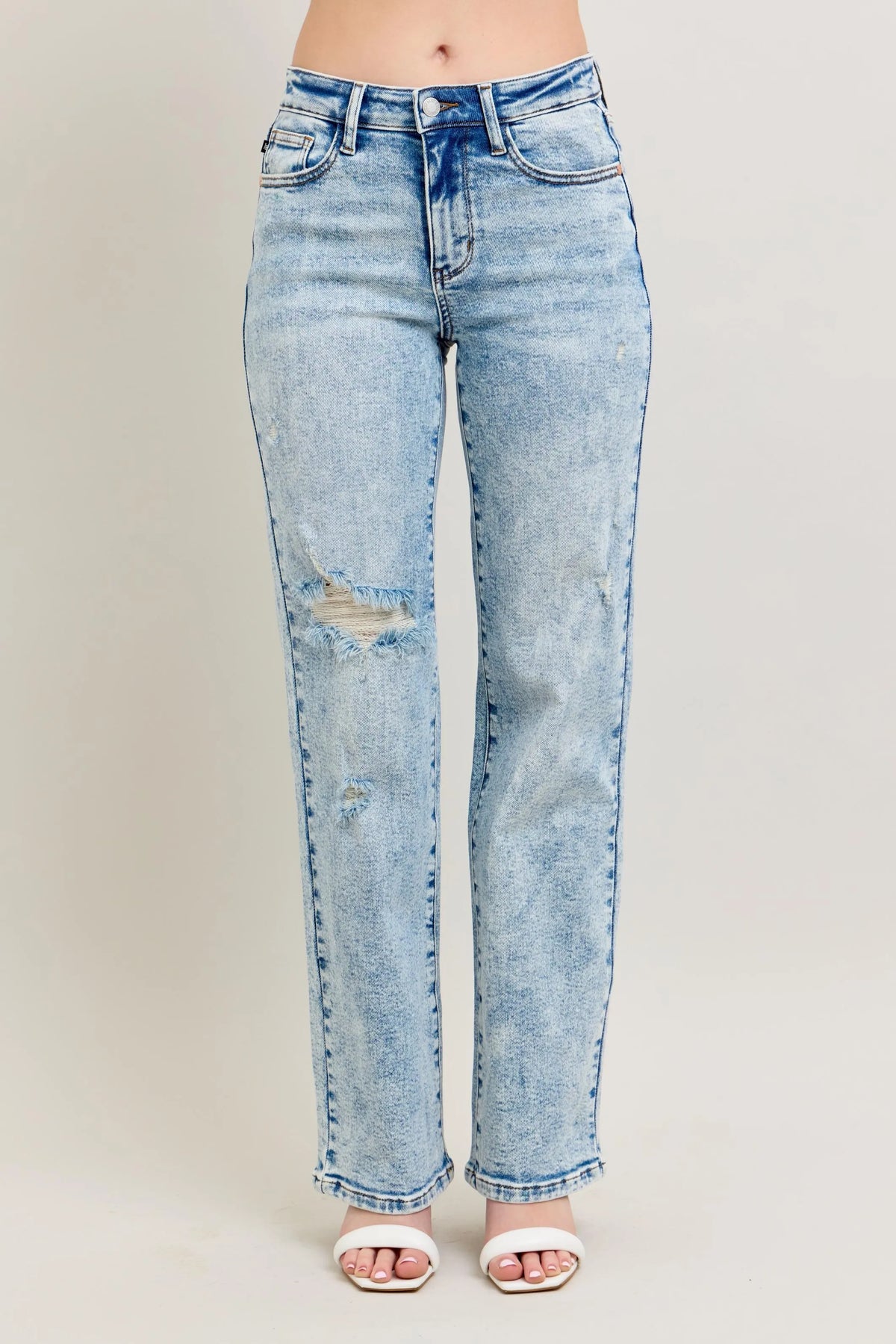 Judy Blue Plus Size 90's Straight Jeans - High Waist Distressed Denim for Women | TrandifyDeal USA