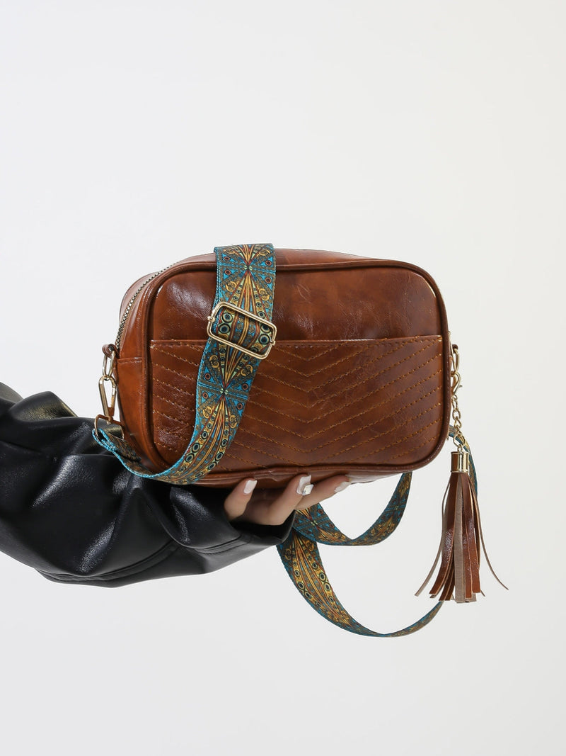 Tassel PU Leather Printed Strap Cassette Crossbody Bag Trandify Deal