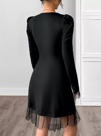 Black Square Neck Puff Sleeve Dress with Mesh Ruffle Hem