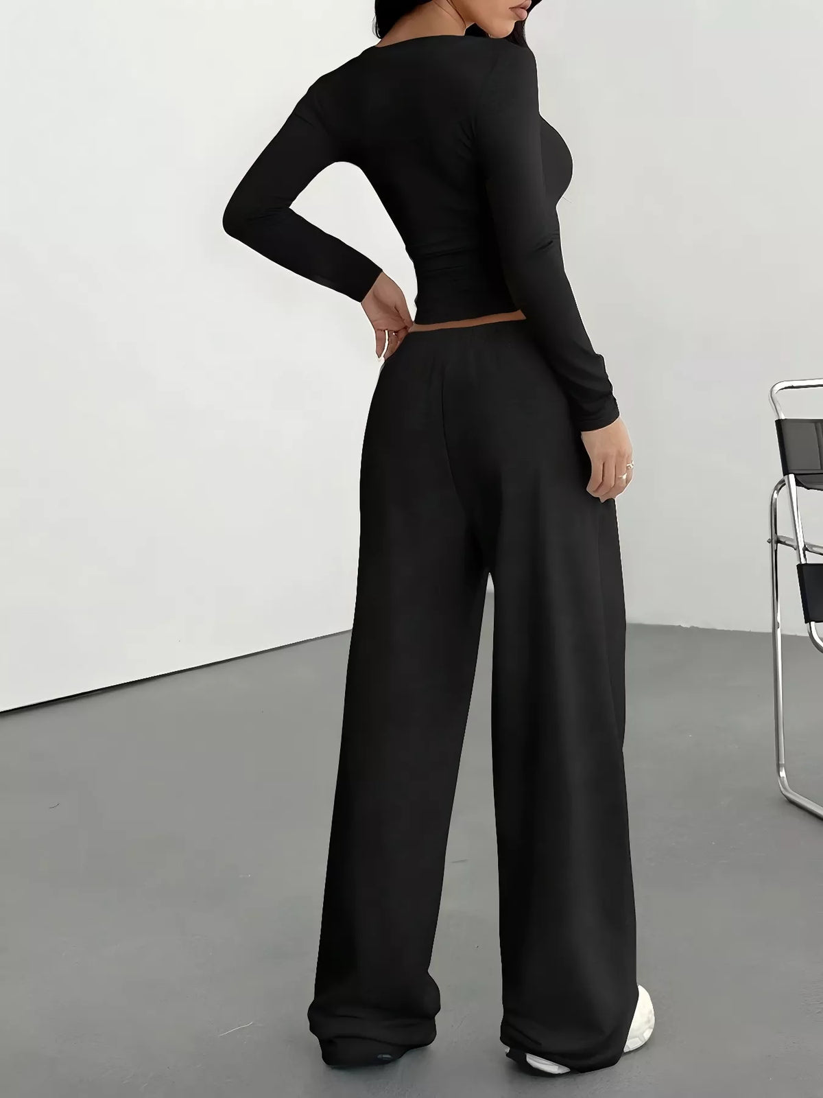 Women's Two-Piece Outfit - Casual Long Sleeve Top & Wide Leg Pants Set