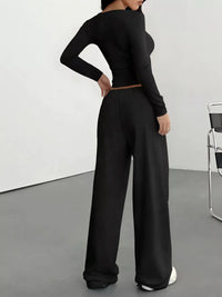 Women's Two-Piece Outfit - Casual Long Sleeve Top & Wide Leg Pants Set