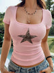 Devine Star Print Square Neck Short Sleeve Viscose Tee for women, price includes free shipping over $50.