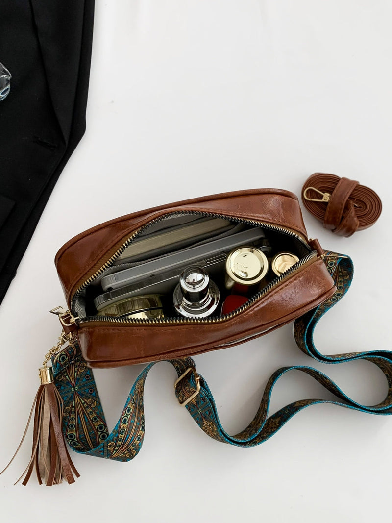 Tassel PU Leather Printed Strap Cassette Crossbody Bag Trandify Deal