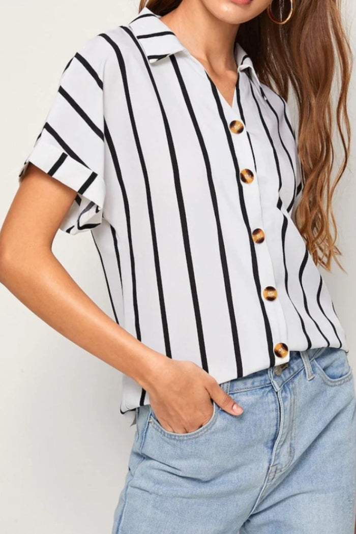 Striped Button Up Short Sleeve Shirt Trandify deal