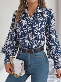Printed Collared Neck Lantern Sleeve Shirt Trandify deal