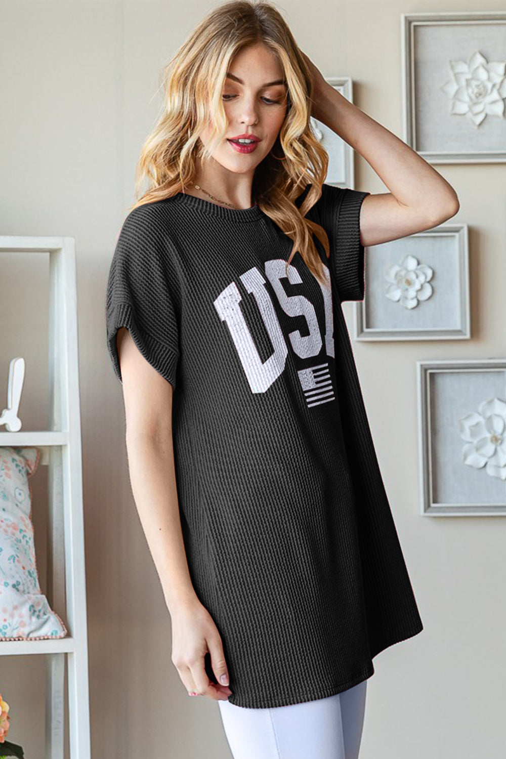 Heimish Full Size USA Graphic Short Sleeve Ribbed Top Trandify Deal