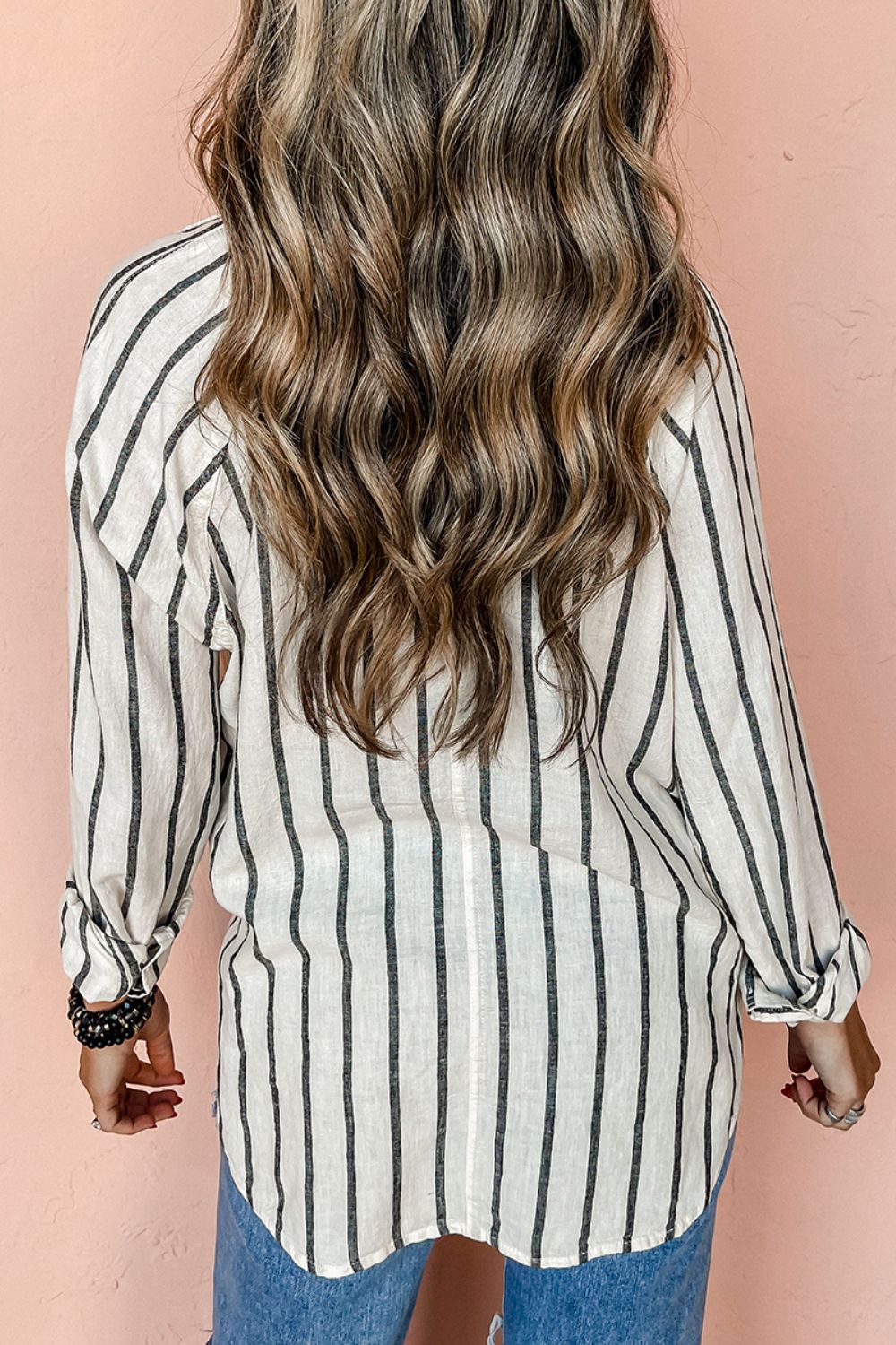 Pocketed Striped Collared Neck Long Sleeve Shirt Trandify Deal