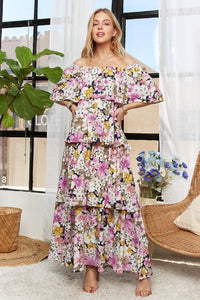 ADORA Layered Floral Off-Shoulder Short Sleeve Maxi Dress Trandify Deal