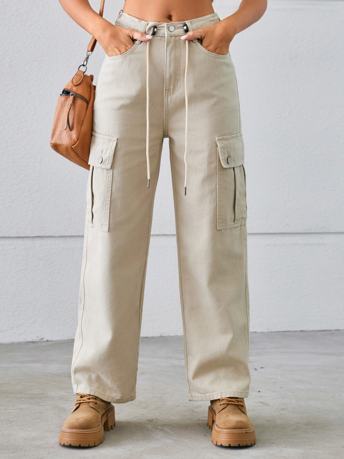 Drawstring Mid-Rise Waist Straight Cargo Jeans Trandify deal