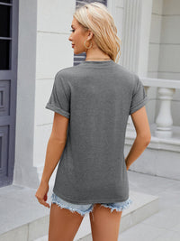Decorative Button Notched Short Sleeve T-Shirt Trandify deal