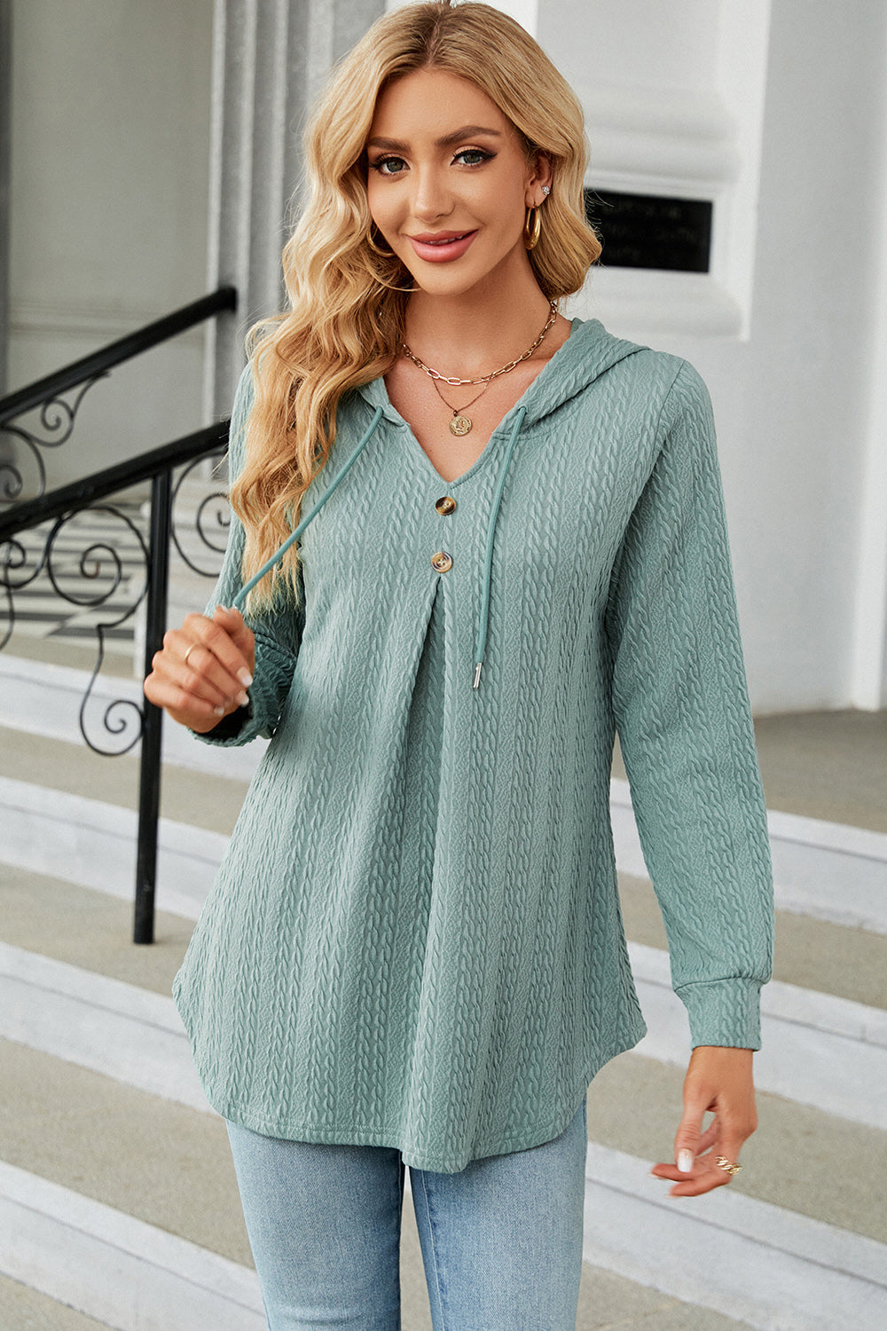Decorative Button Drawstring Long Sleeve Hoodie Trendsi