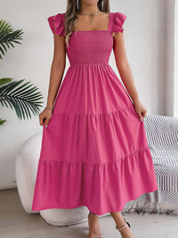 Smocked Square Neck Cap Sleeve Midi Dress Trandify deal