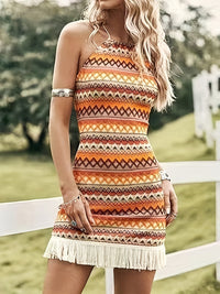 Full Size Fringe Grecian Neck Dress Trandify deal