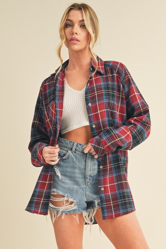 Women’s Flannel Plaid Shirt – Raglan Sleeve Button-Up Top for Casual Wear