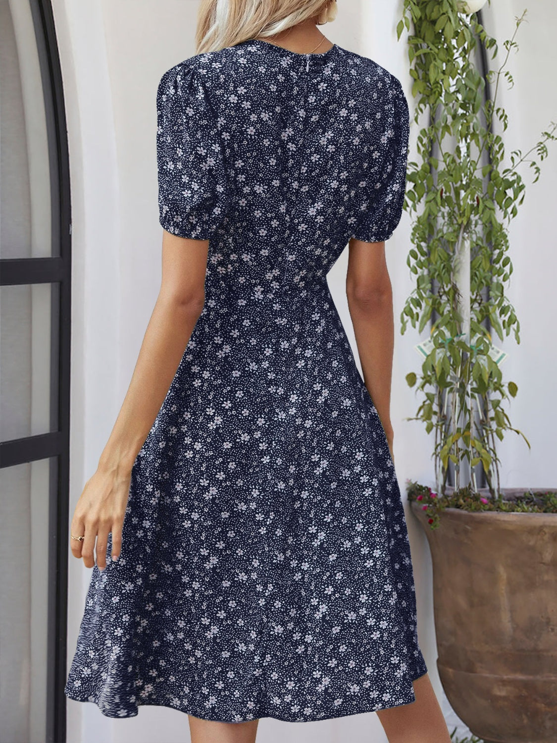 Printed V-Neck Short Sleeve Dress Trandify deal