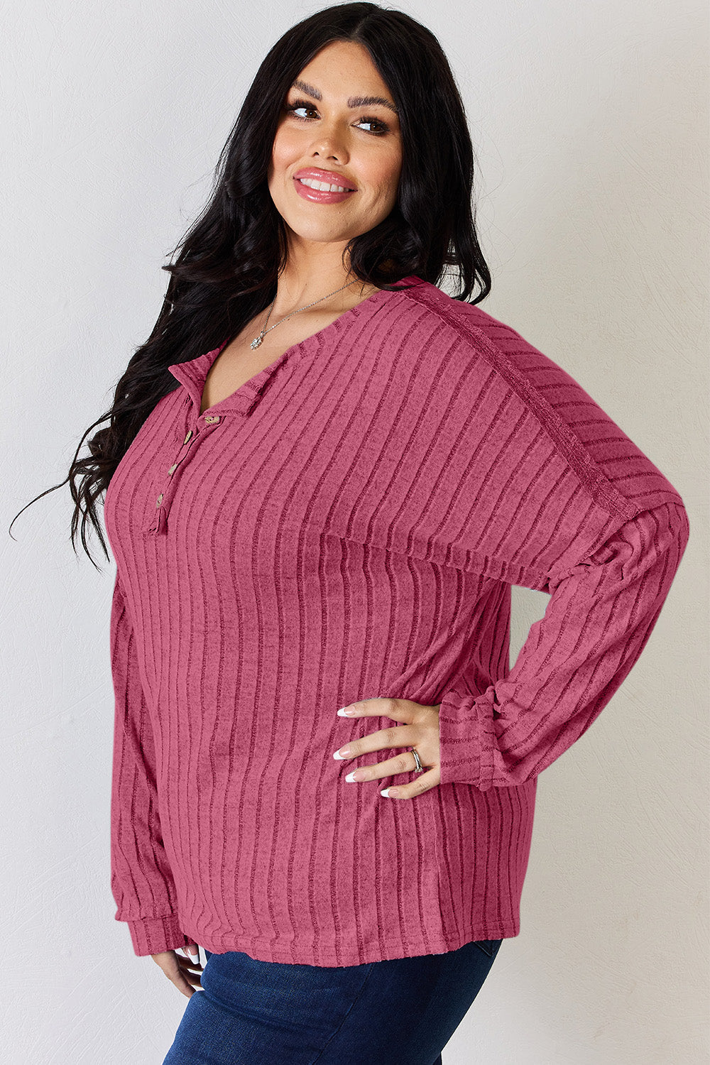 Basic Bae Full Size Ribbed Half Button Long Sleeve T-Shirt Trandify Deal