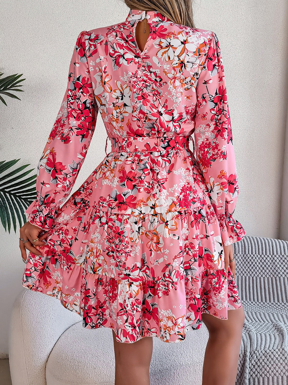 Printed Mock Neck Flounce Sleeve Mini Dress Trandify deal
