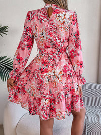 Printed Mock Neck Flounce Sleeve Mini Dress Trandify deal
