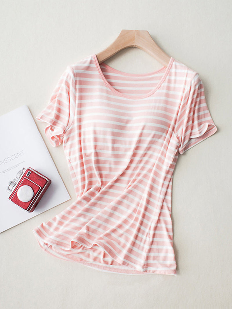 Striped Round Neck Short Sleeve T-Shirt with Bra Trandify Deal