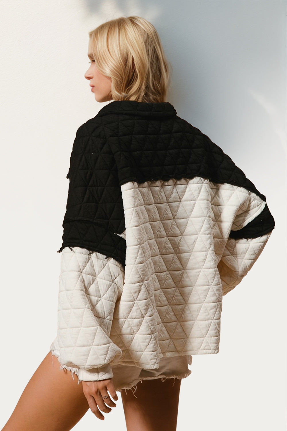Double Take Quarter Button Contrast Long Sleeve Quilted Sweatshirt Trandify Deal