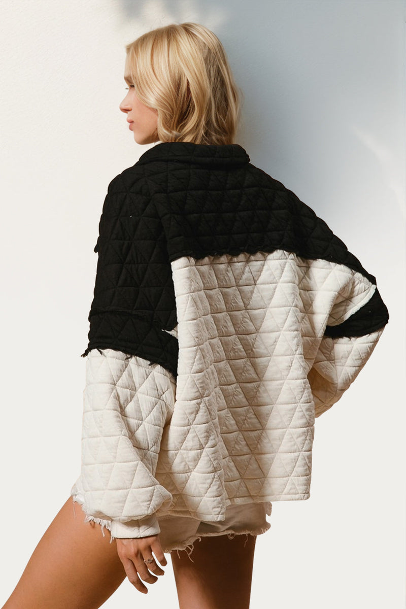 Double Take Quarter Button Contrast Long Sleeve Quilted Sweatshirt Trandify Deal