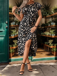 Perfee Printed Round Neck Flutter Sleeve Midi Dress Trandify deal