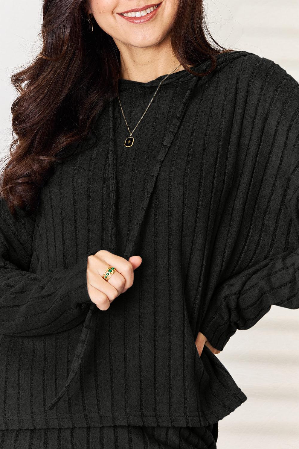 Basic Bae Full Size Ribbed Drawstring Hooded Top and Straight Pants Set Trandify Deal