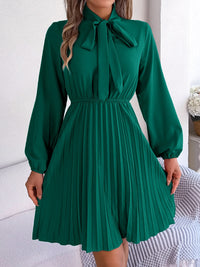 Tie Neck Balloon Sleeve Pleated Dress Trandify deal