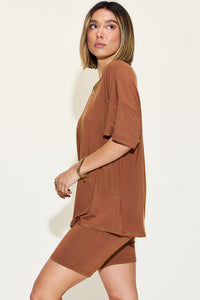 Basic Bae Full Size V-Neck Drop Shoulder T-Shirt and Shorts Set Trandify Deal
