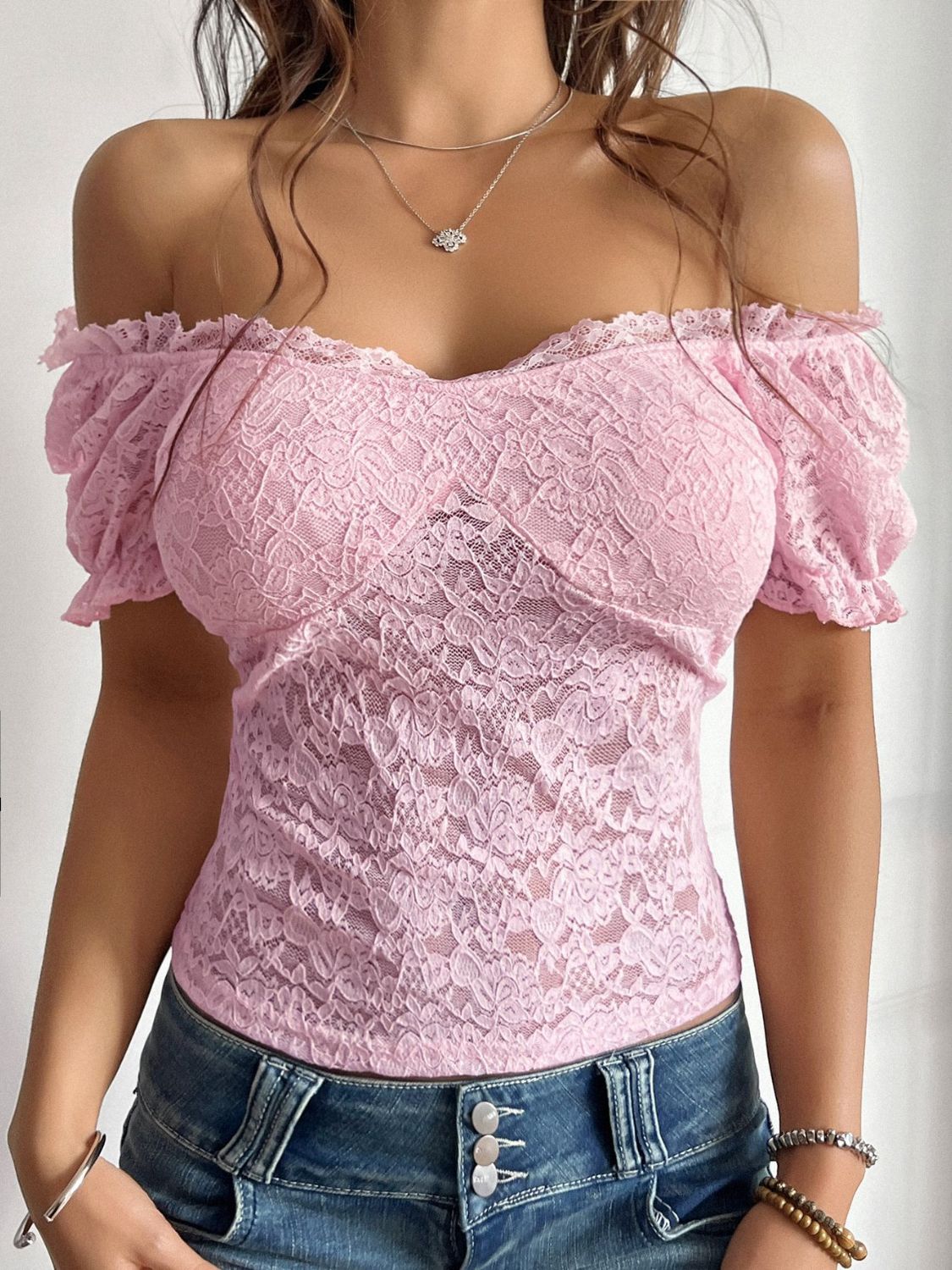 Women’s Off-Shoulder Lace Top – Boho Floral Blouse for Summer Outfits