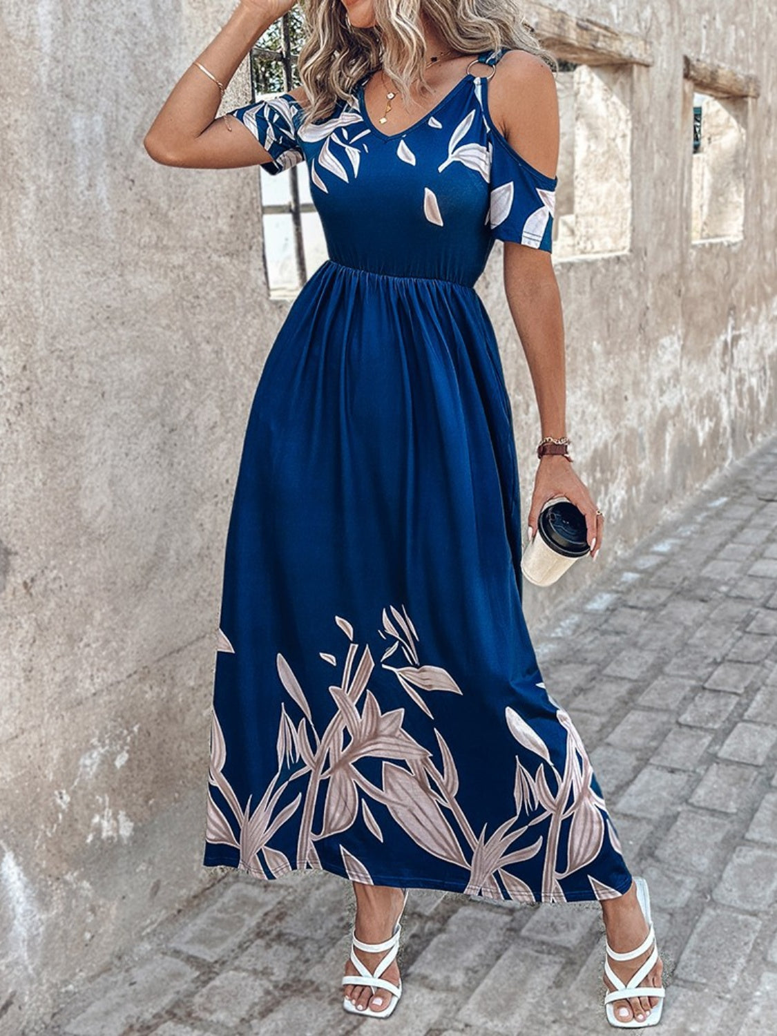 Printed Cold Shoulder Short Sleeve Maxi Dress Trandify Deal