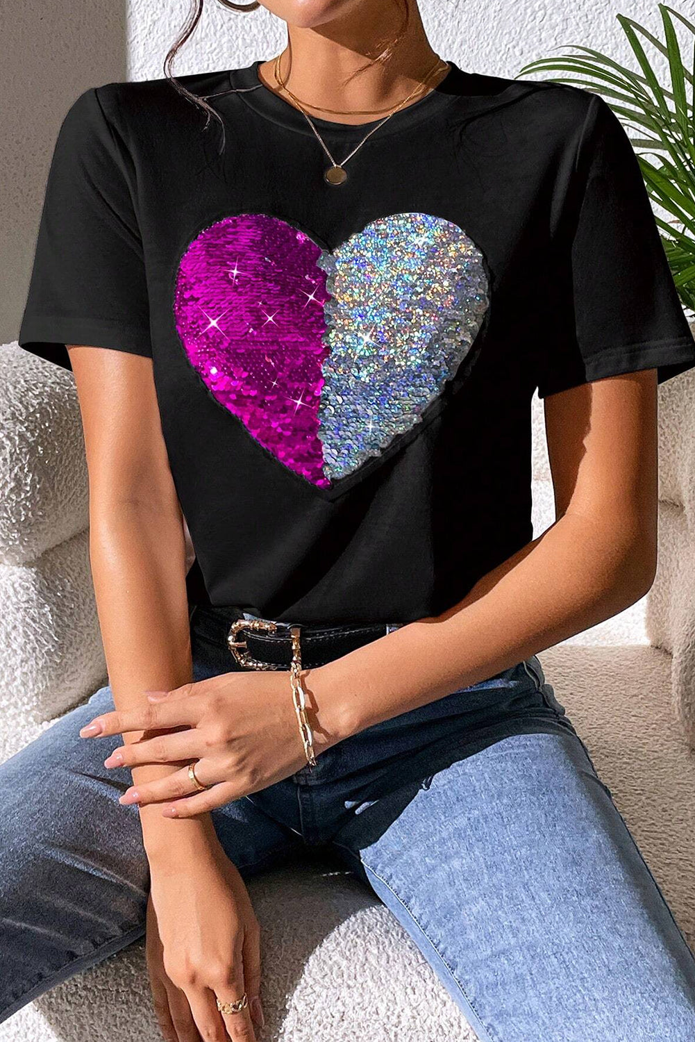 Heart Sequin Round Neck Short Sleeve T-Shirt - Trandify Deal