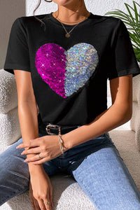 Heart Sequin Round Neck Short Sleeve T-Shirt - Trandify Deal