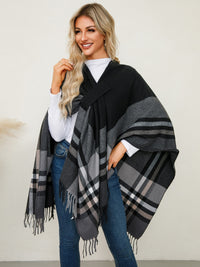 Fringe Contrast Plaid Poncho Trandify Deal