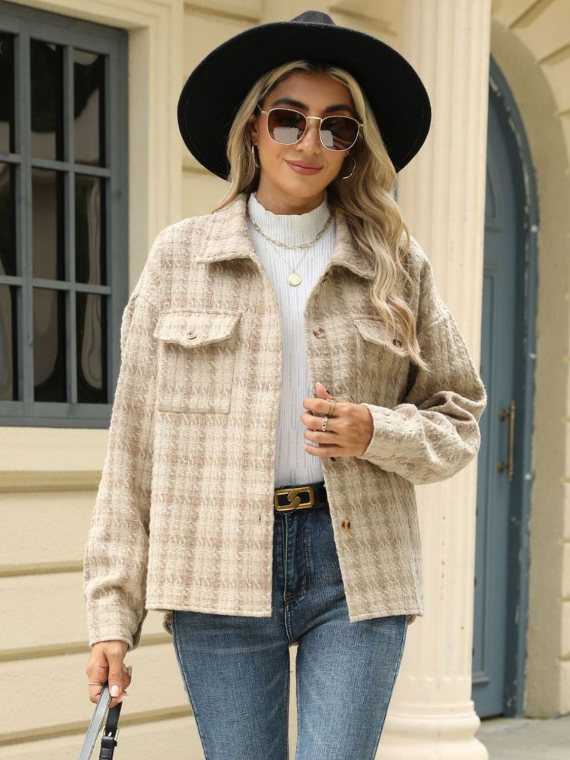 Plaid Collared Neck Long Sleeve Jacket Trandify Deal