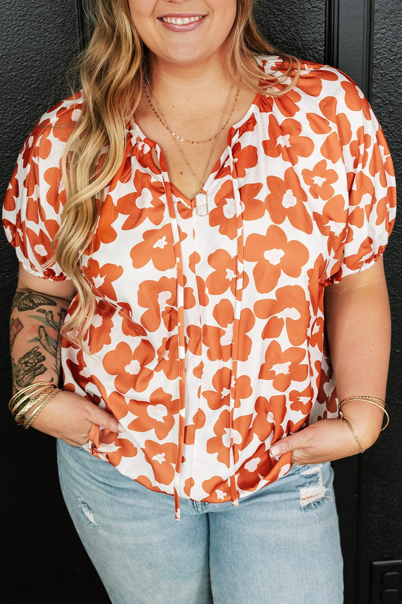 Plus Size Printed Tie Neck Short Sleeve Blouse Trandify deal