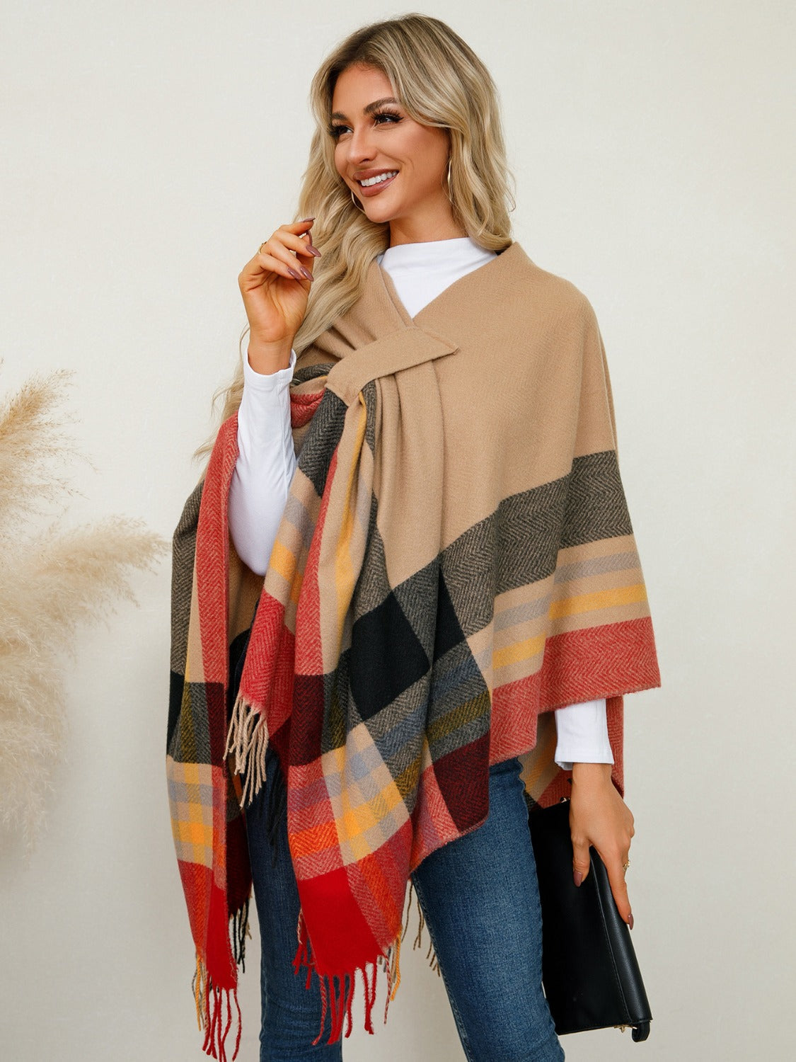 Fringe Contrast Plaid Poncho Trandify Deal