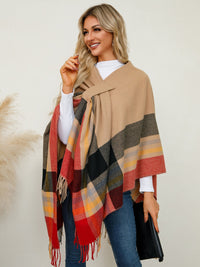 Fringe Contrast Plaid Poncho Trandify Deal