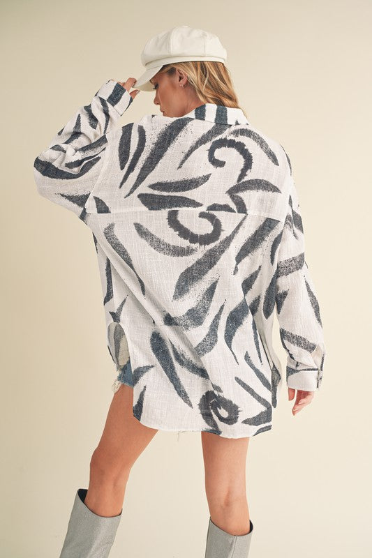 Women’s High-Low Printed Long Sleeve Shirt – Trendy Button-Up Blouse