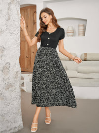 Printed Round Neck Short Sleeve Midi Dress Trandify Deal