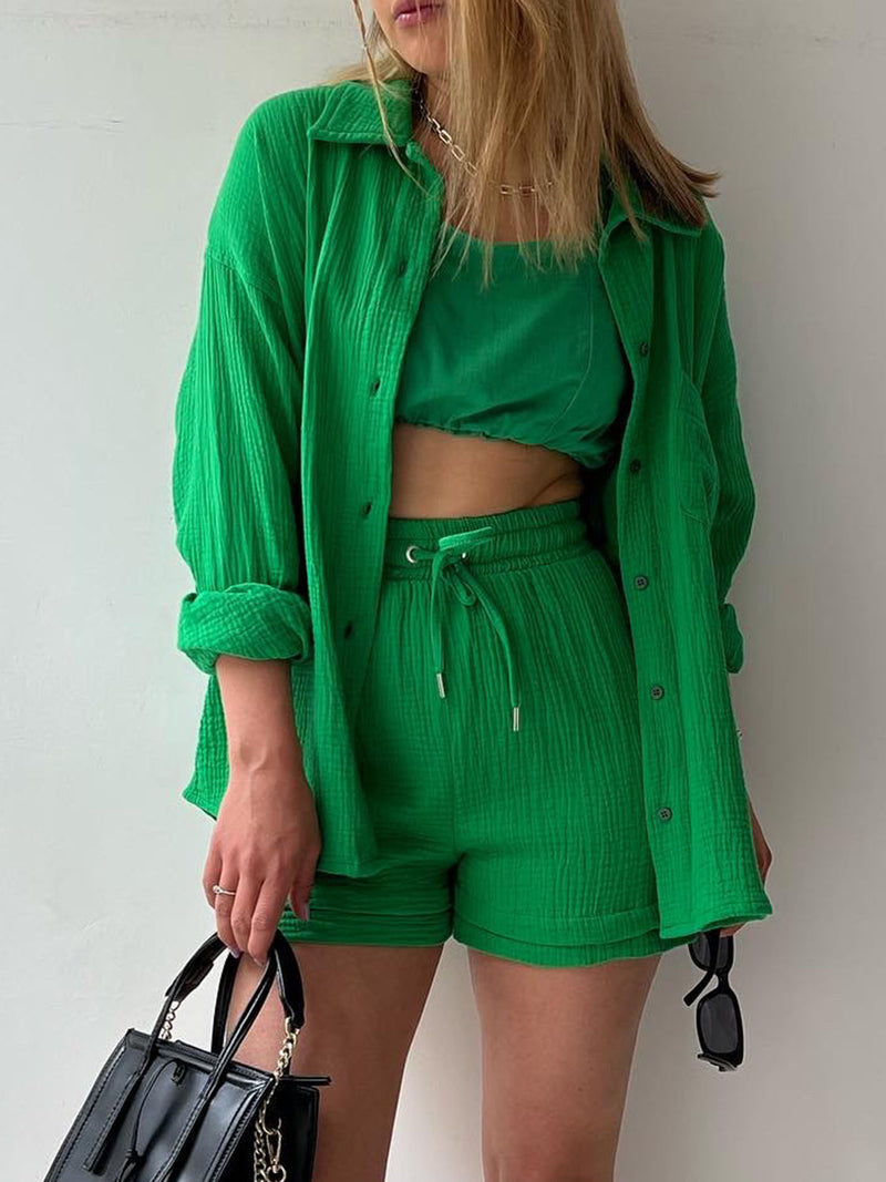 Texture Button Up Shirt and Drawstring Shorts Set Trandify deal