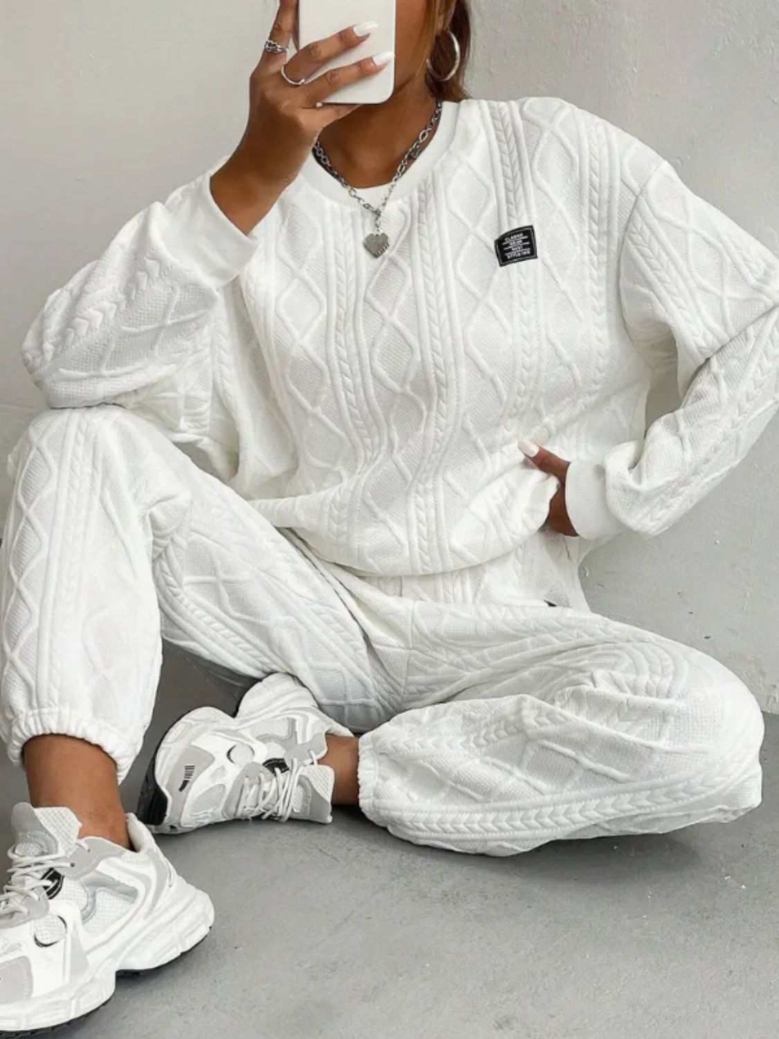 Texture Round Neck Long Sleeve Top and Pants Set Trandify Deal