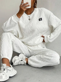 Texture Round Neck Long Sleeve Top and Pants Set Trandify Deal