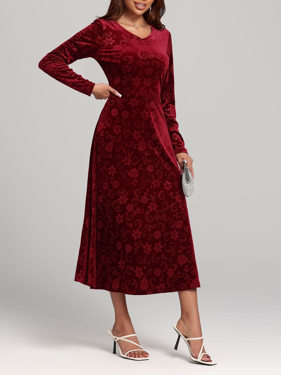 Flower Print V-Neck Long Sleeve Midi Dress Trandify Deal