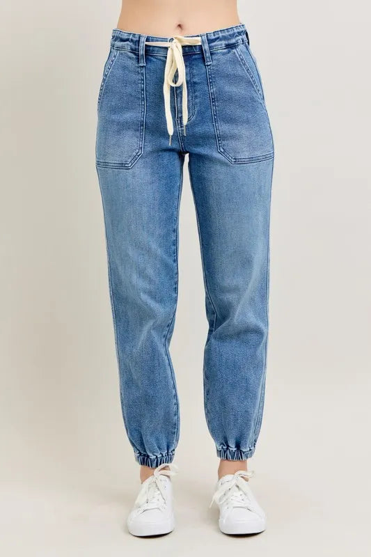 Judy Blue High Waist Denim Jogger in blue wash on model