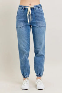 Judy Blue High Waist Denim Jogger in blue wash on model