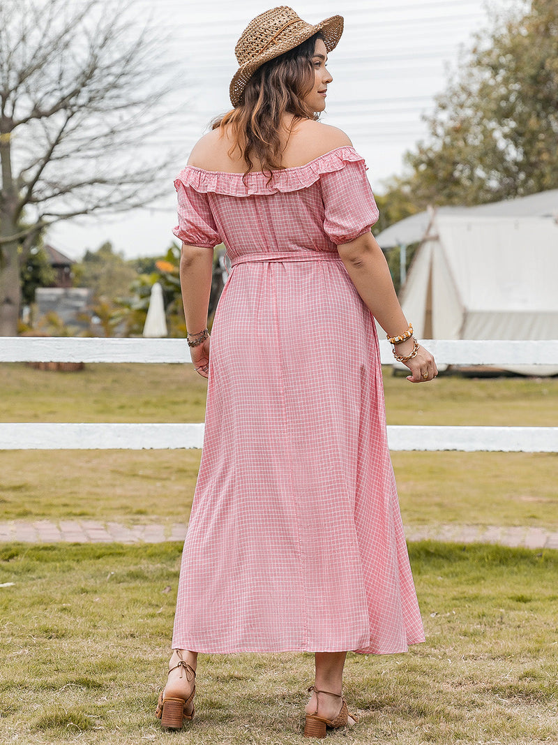 Plus Size Plaid Off-Shoulder Short Sleeve Midi Dress Trandify deal