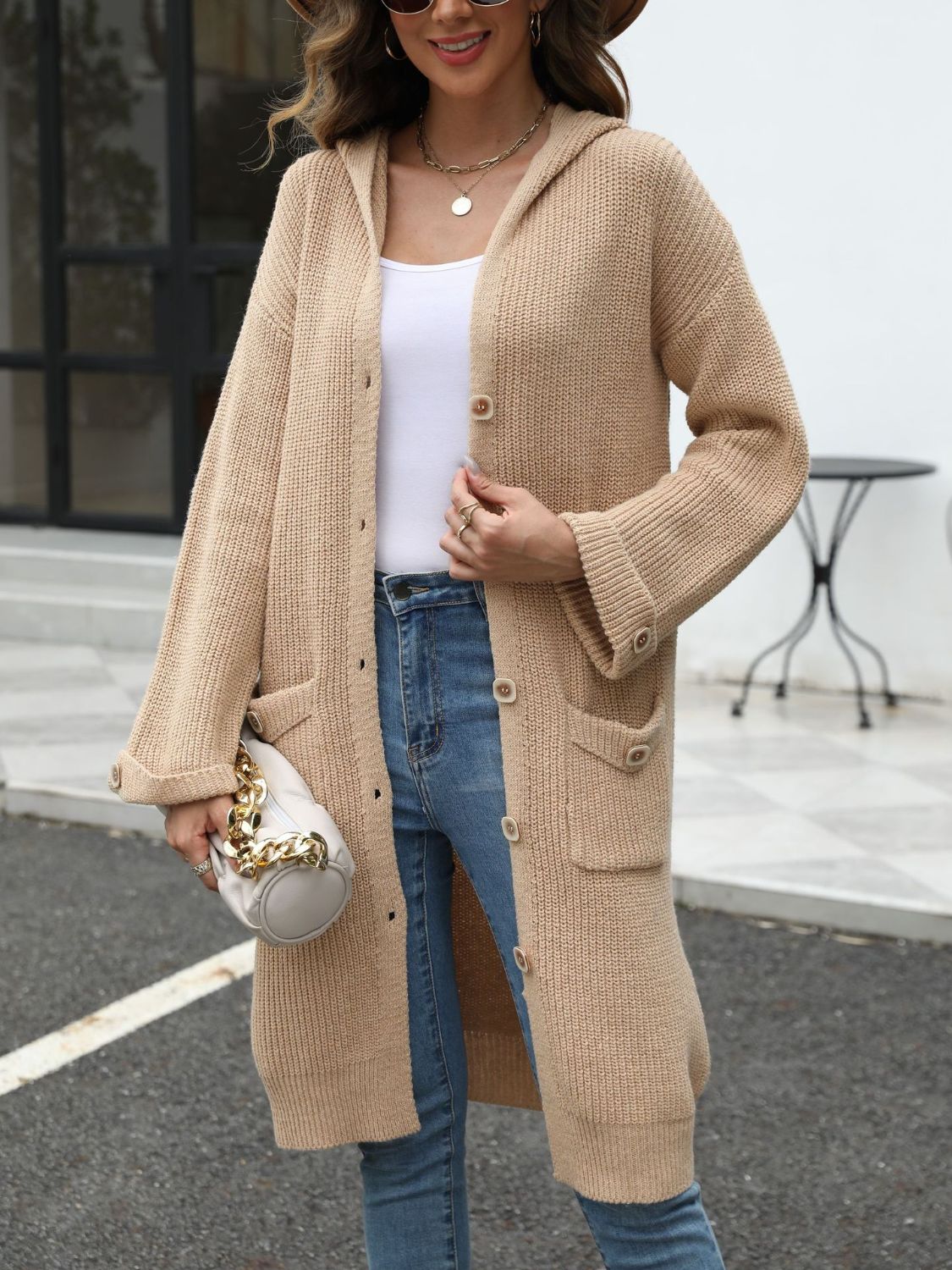 Pocketed Button Up Long Sleeve Hooded Cardigan Trandify Deal