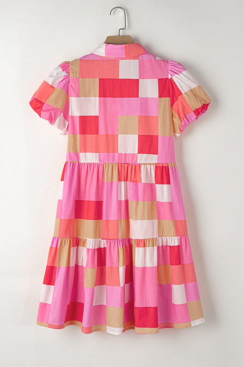 Color Block Button Up Short Sleeve Mini Dress Trandify deal