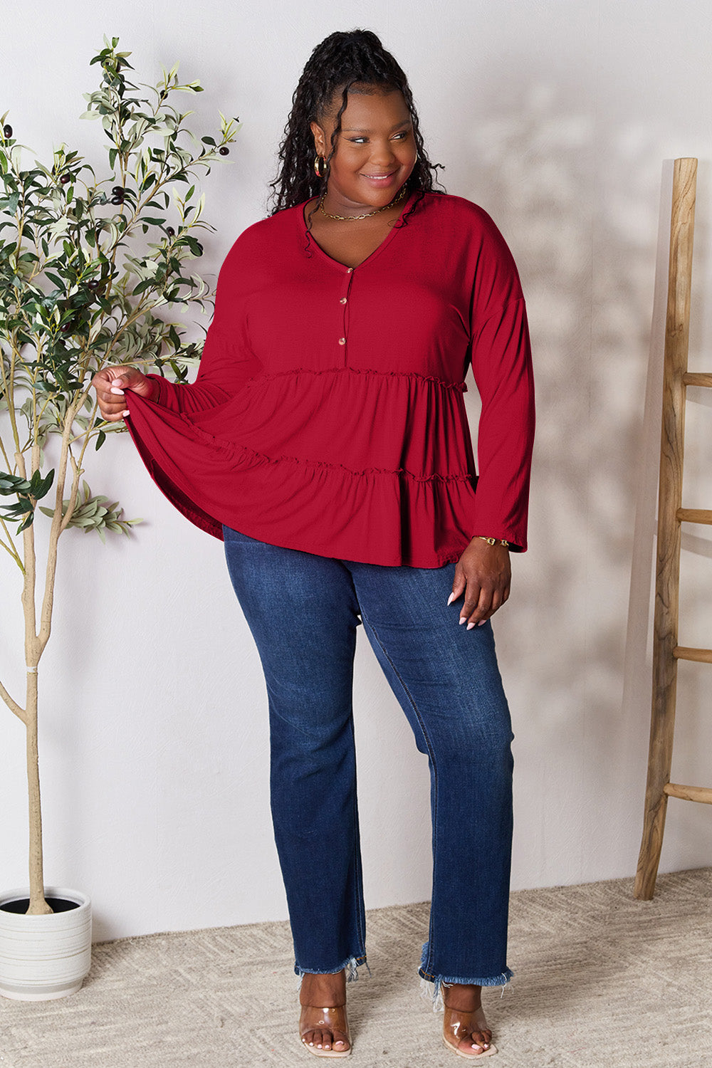 Double Take Half Button Long Sleeve Ruffle Hem Blouse Trandify Deal